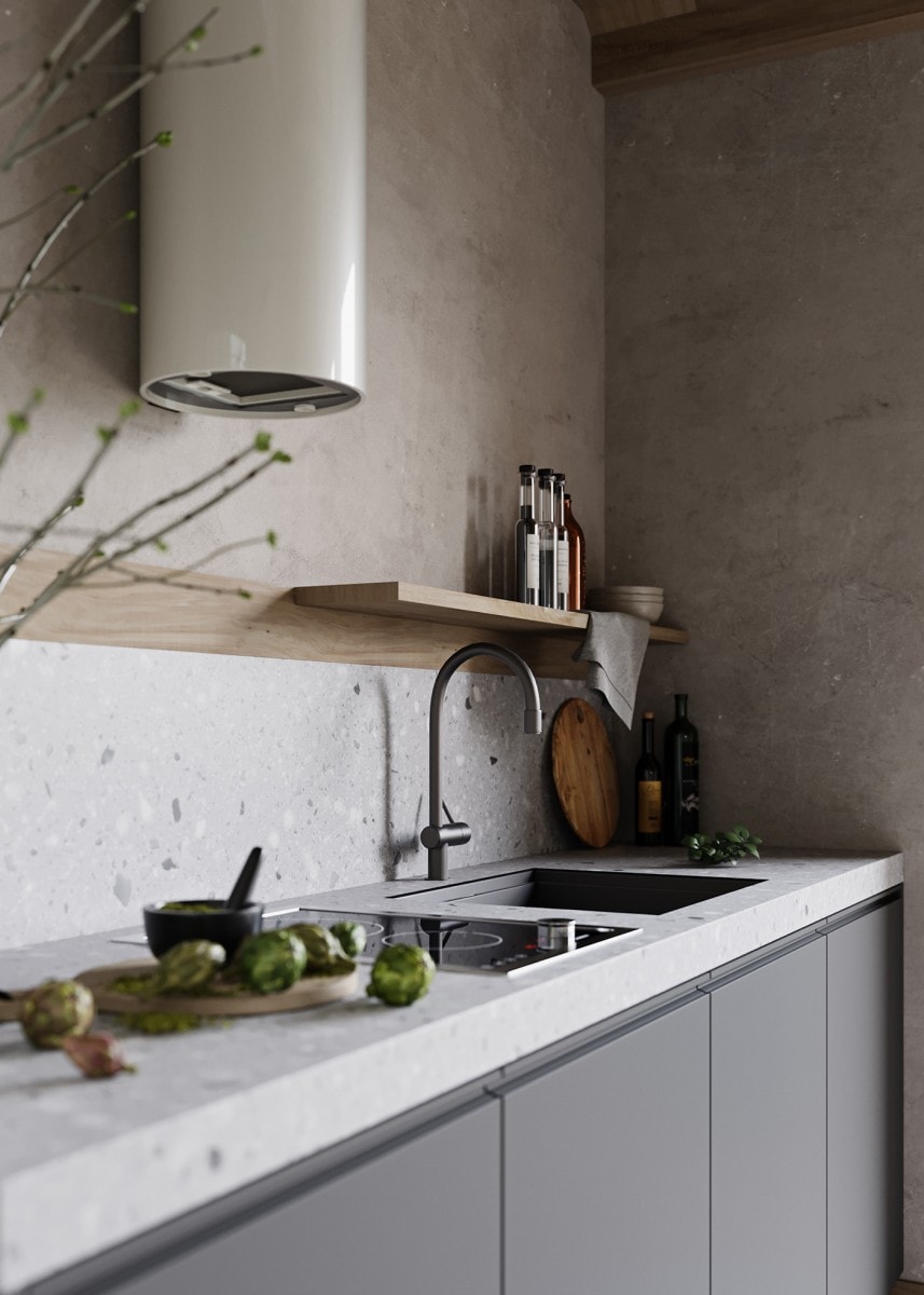 terrazo mesas madera natural materiales raw decoración escandinava cocina nórdica cemento pulido 