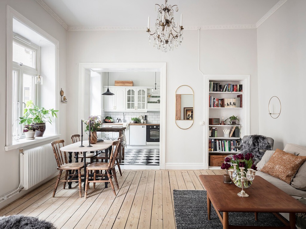 warm bedroom decor wallpaper decor tiny apartment scandinavian style scandinavian kitchen scandi kitchen scandi decor pisos pequeños decoración papel de pared pintado open-plan estilo nórdico decoracion dormitorios cocina sin puertas cocina pequeña cocina nórdica cocina abierta 