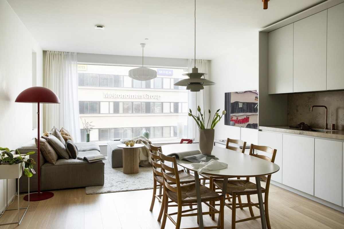 scandinavian apartment salón nórdico muro exterior cristal modern urban apartment grandes ventanales estilo nórdico estilo escandinavo diseño nórdico decoración interiores apartamento moderno 