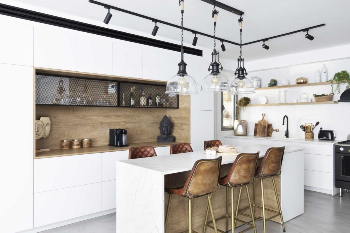 scandinavian style nordic style modern loft apartment kitchen island isla de cocina nórdica high dining table estilo nórdico decoración apartamento loft 