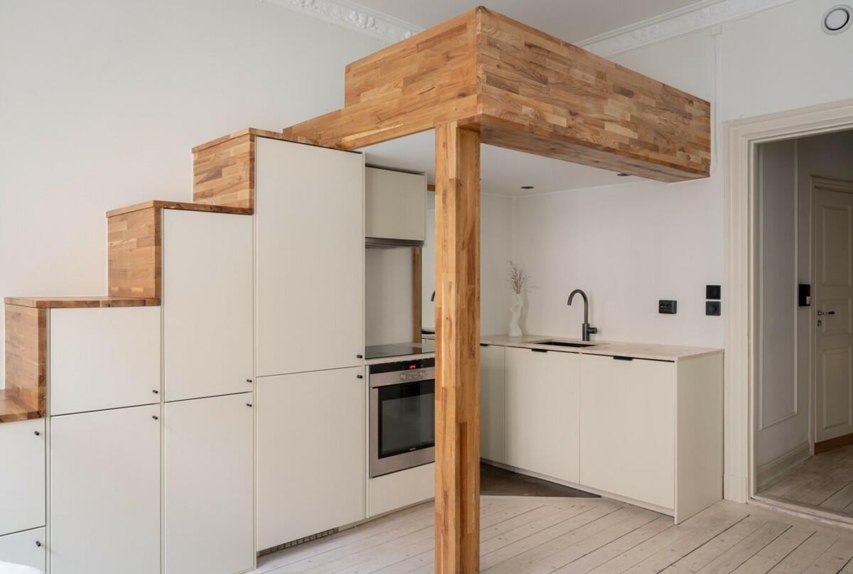 muebles cocina a medida mini piso elegante mini duplex estilo escandinavo pisos pequeños escalera con almacenaje escalera cocina a medida escalera a medida muebles cocina almacenaje diseño nórdico funcional elegante 