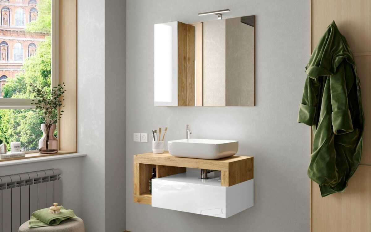 Baño minimalista con tocador flotante